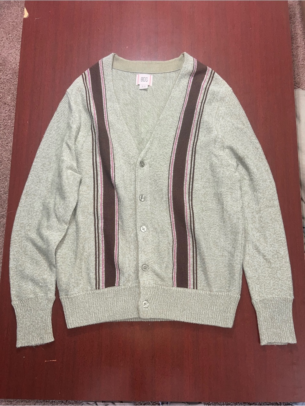 BDG Sage Green Button-Up Cardigan with Brown and Cream Stripes - Picture 3 of 7